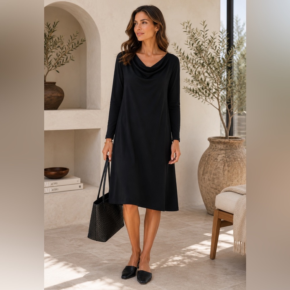 Eileen Fisher Black Draped Cowl Neck Stretch Dress Medium